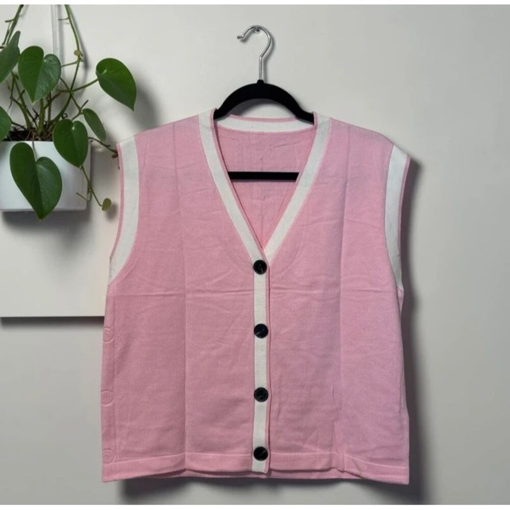 Women’s Pink White Trim Button Sweater Vest
